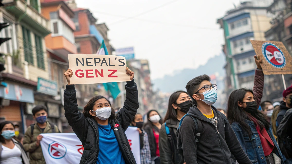 Youths protesting in Nepal holding placards against social media ban