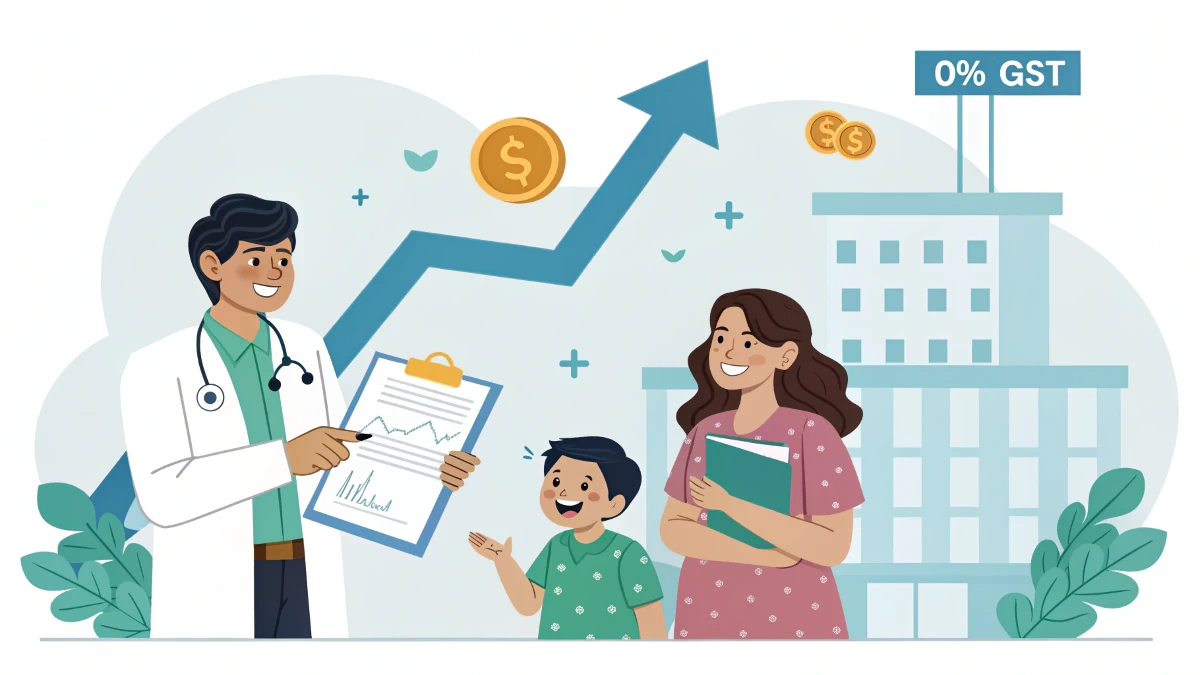 “Health insurance documents with rupee symbol and tax cut illustration”